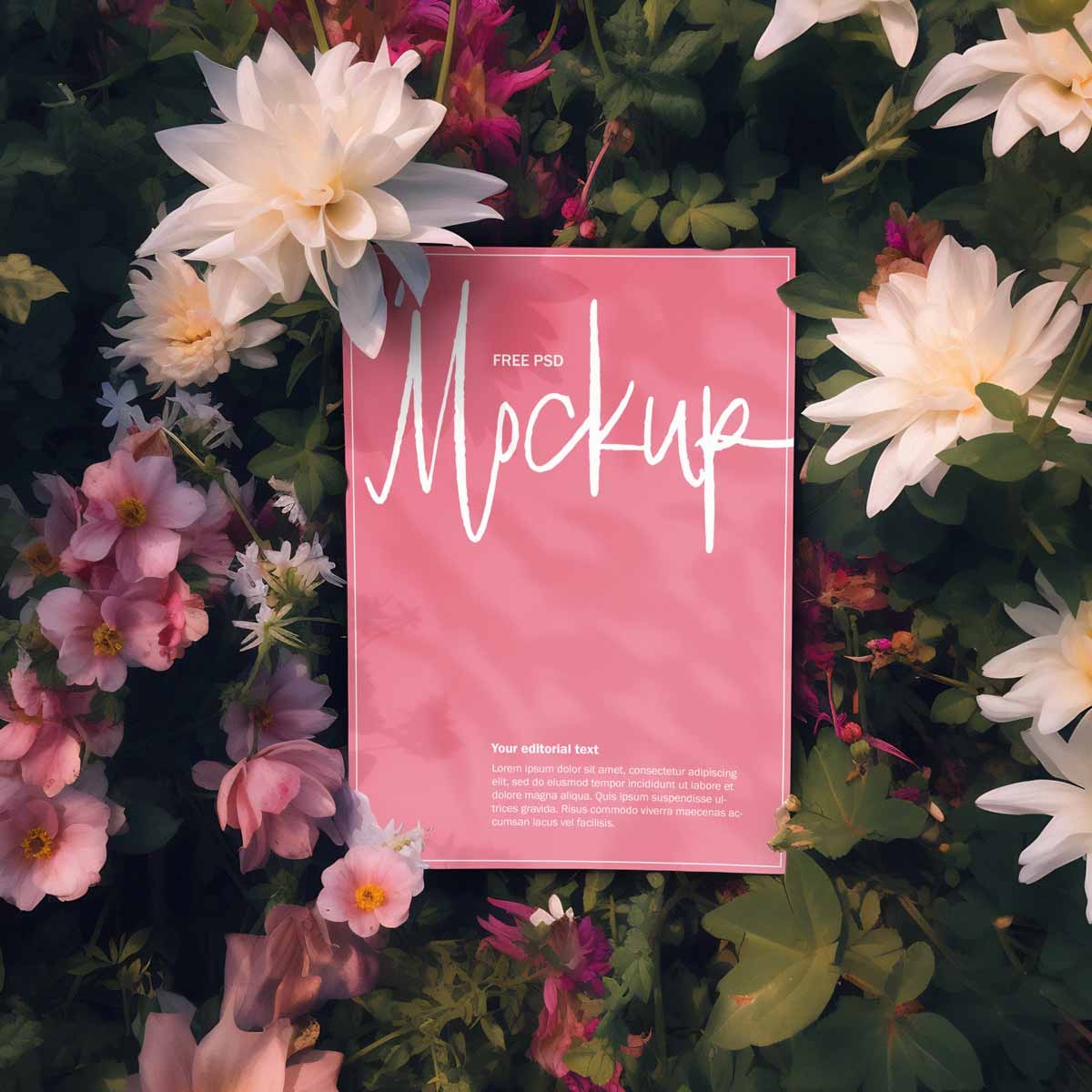 DIN A4 poster lying in flowers psd mockup