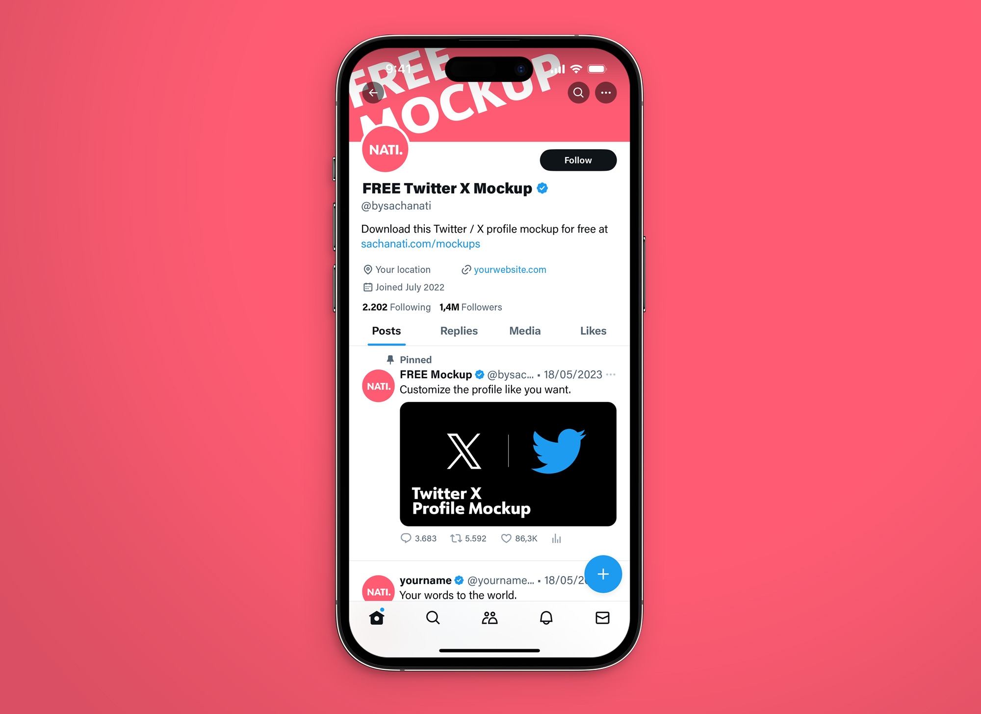 free twitter profile page mockup displayed on an iPhone 15 Pro