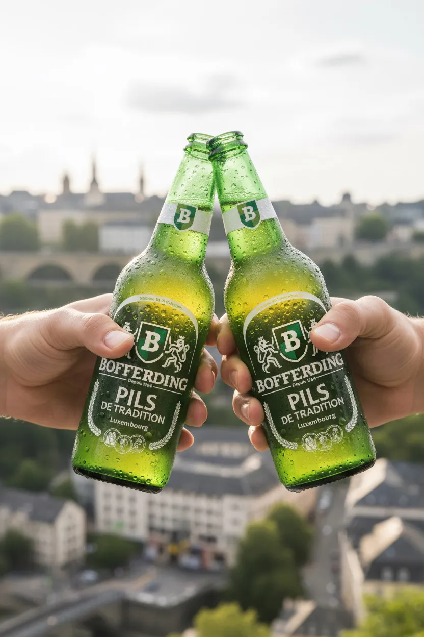 Bofferding beer clinking in front of Luxembourg skyline
