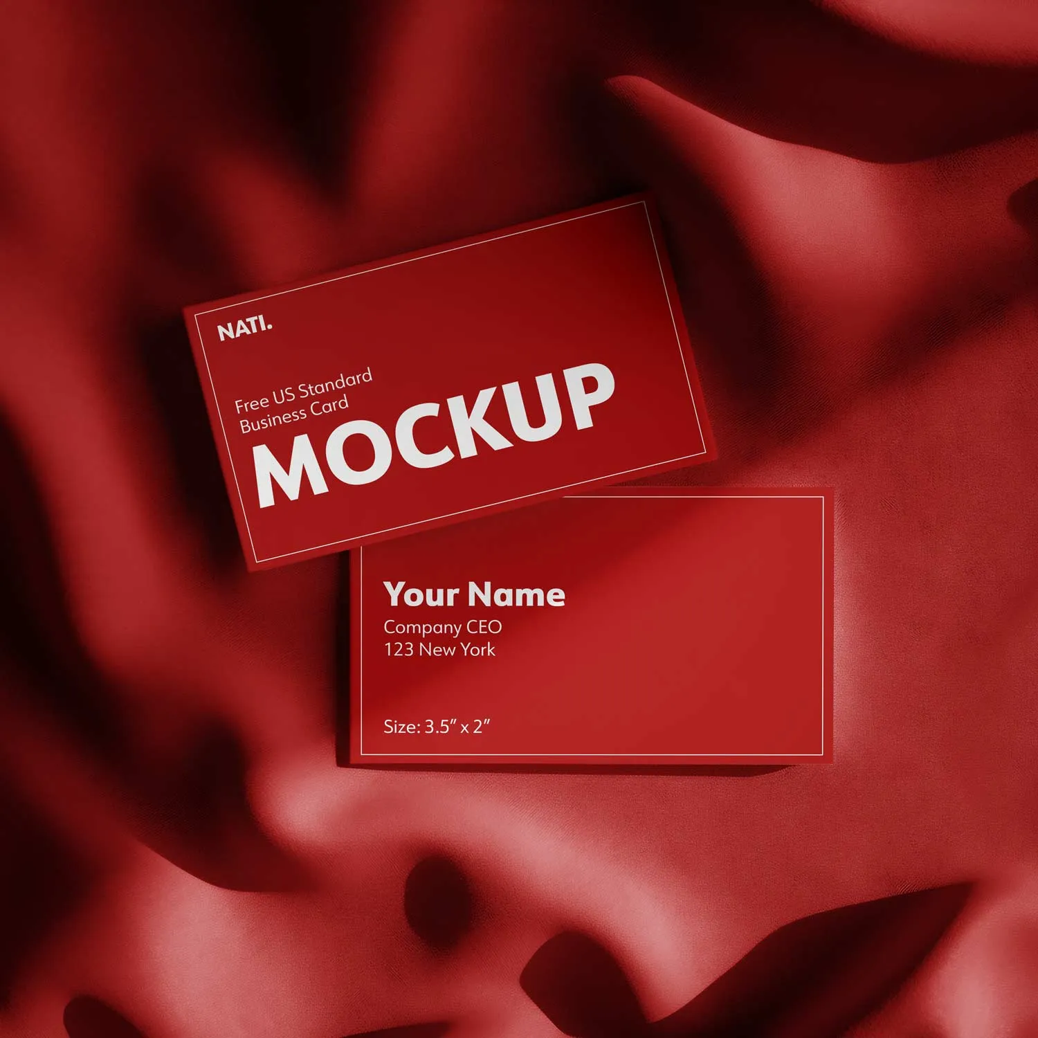 Free double-sided business card mockup on red cloth background