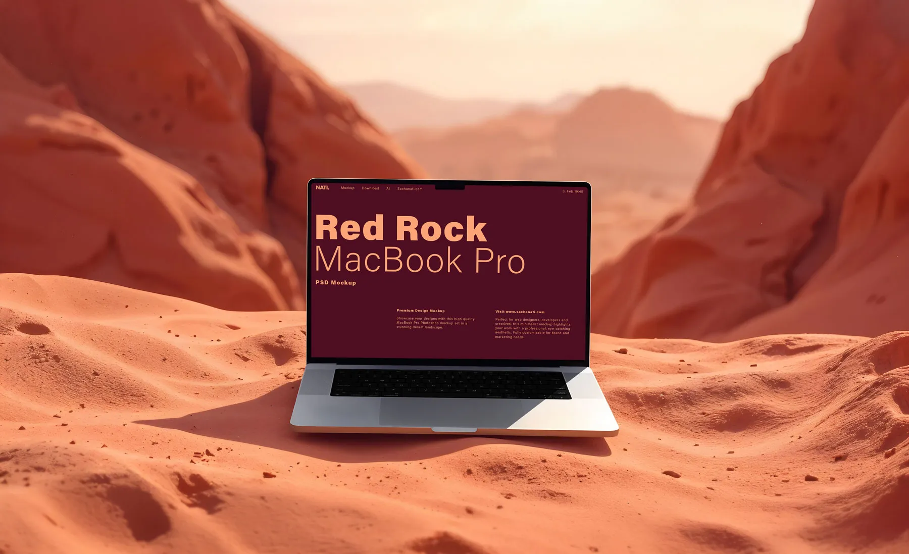 Free MacBook Pro mockup in red rock landscape