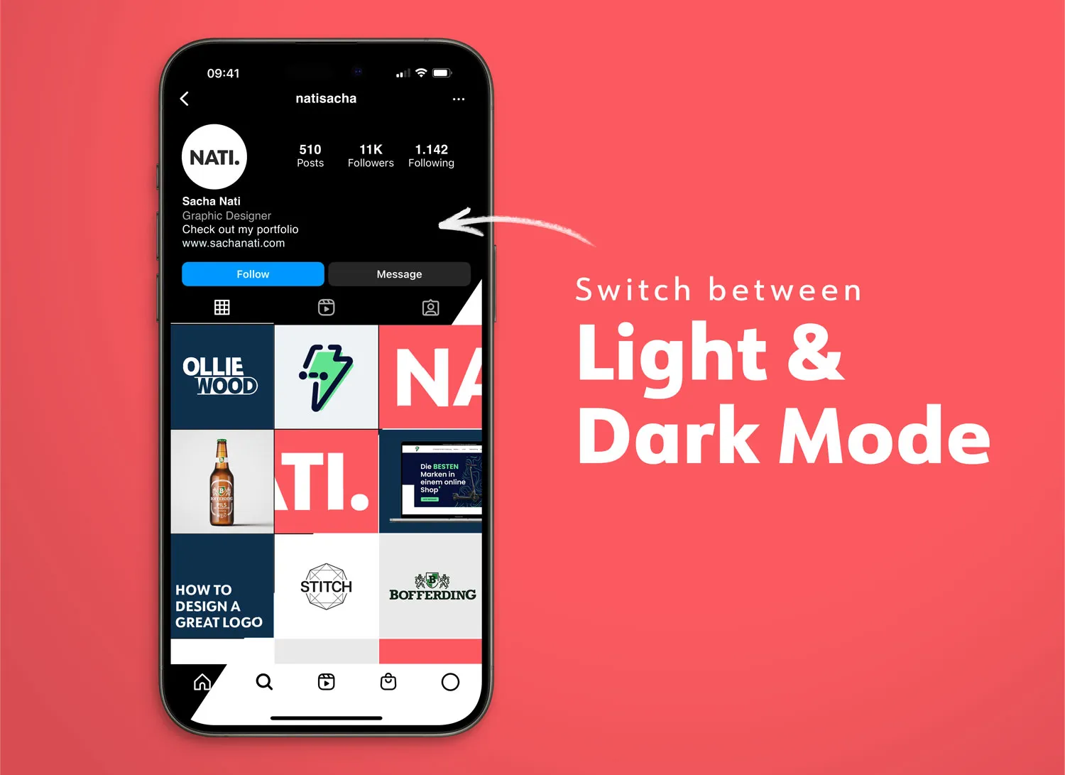 Free Instagram profile on iPhone 15 Pro mockup — dark mode
