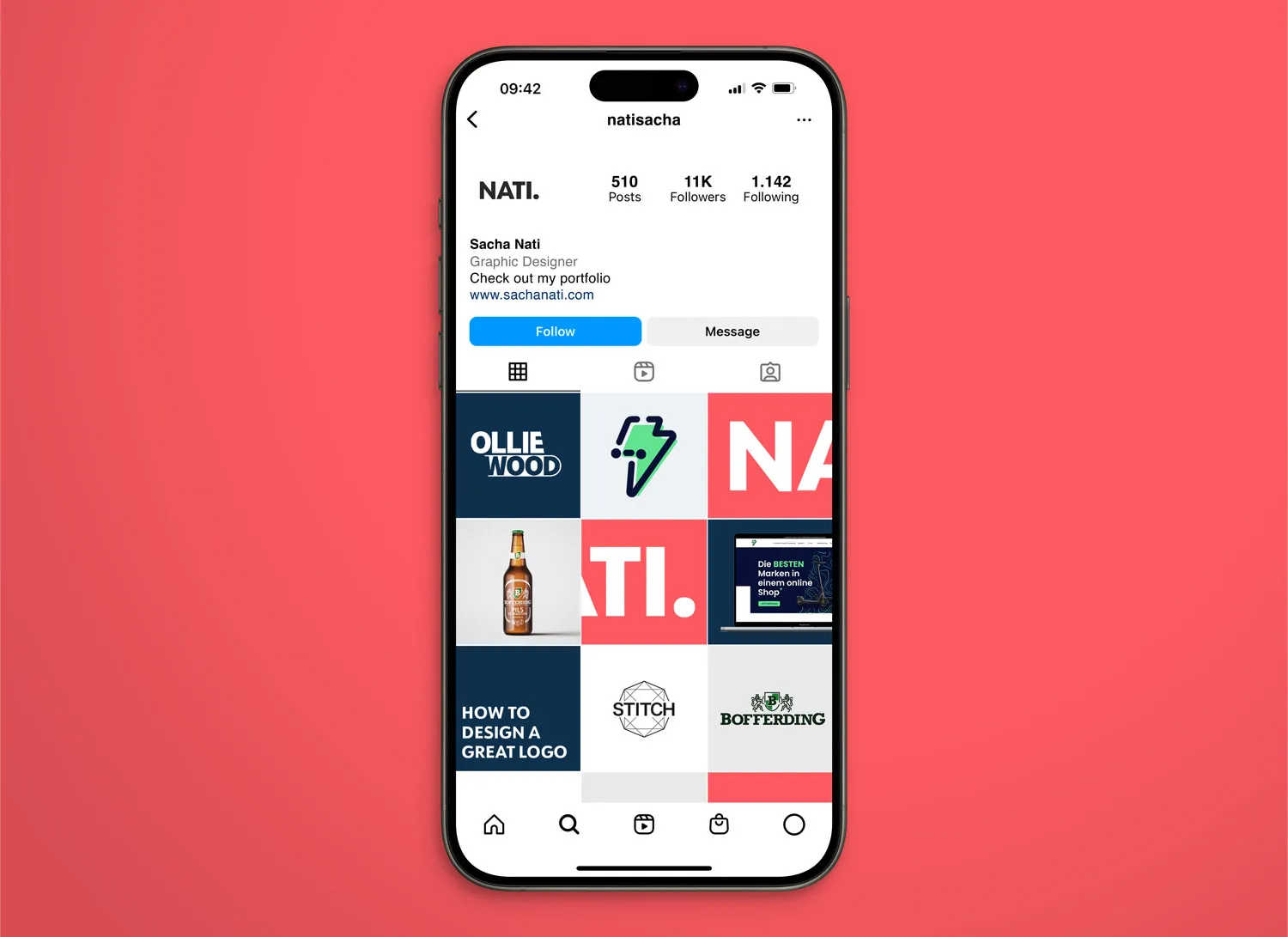 Free Instagram profile on iPhone 15 Pro mockup — light mode