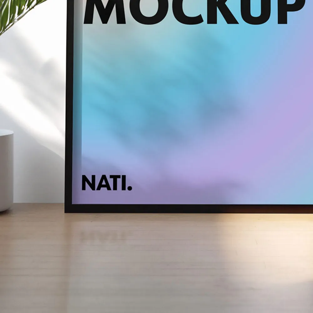 Close-up of realistic glass reflection on framed poster mockup