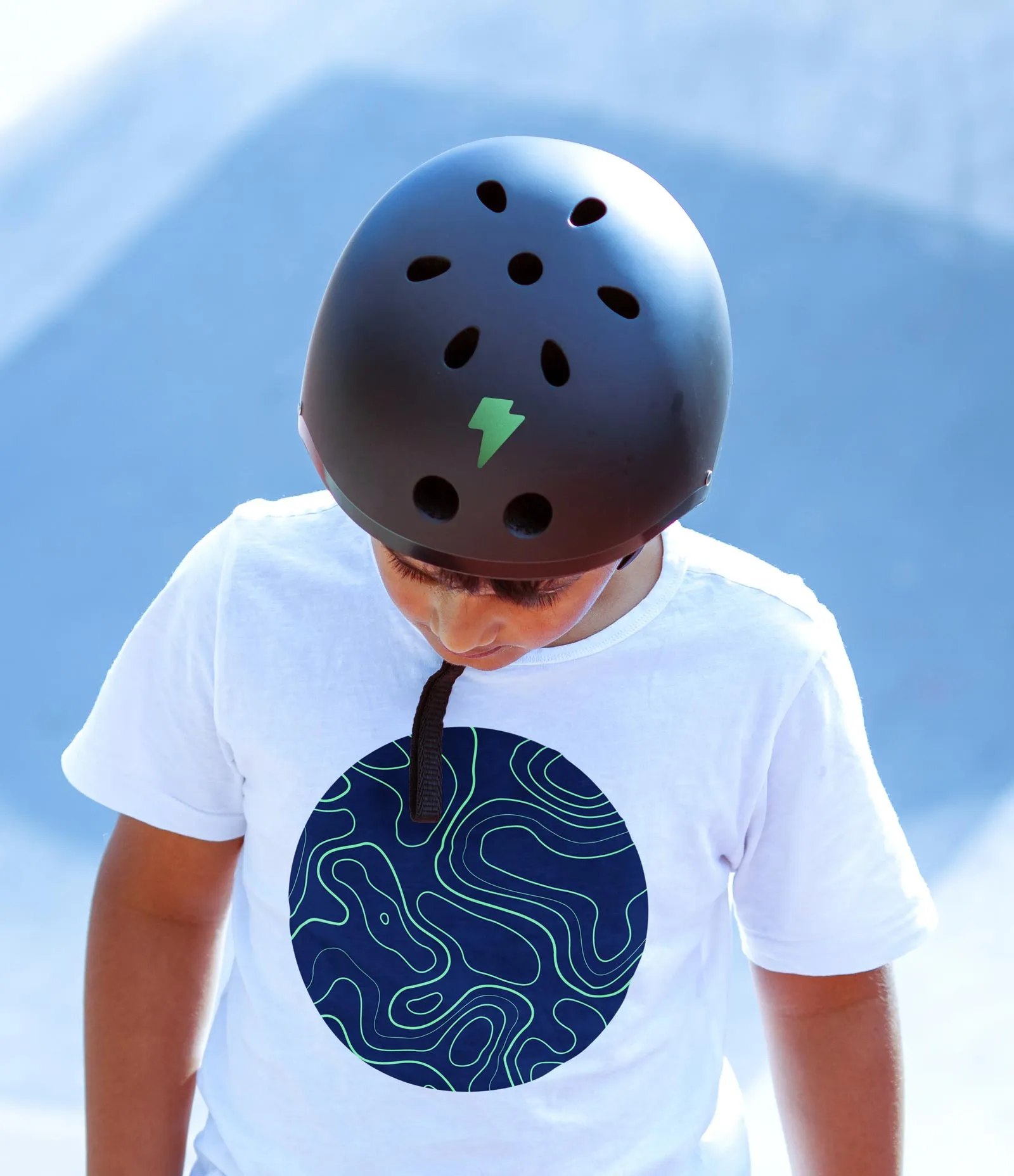 Logo on helmet and pattern on t-shirt