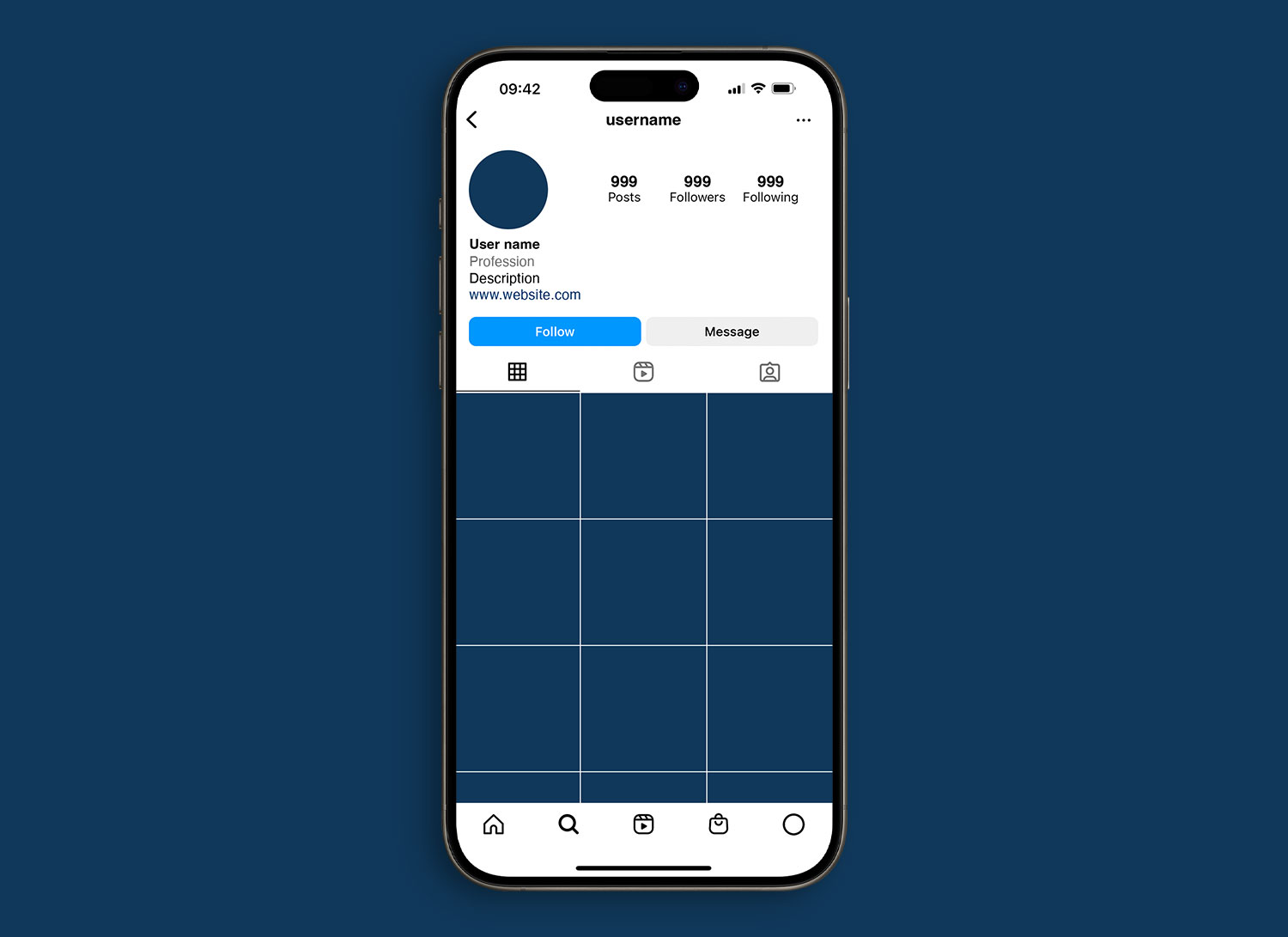 free custom instagram profile page mockup displayed on an iPhone 15 pro