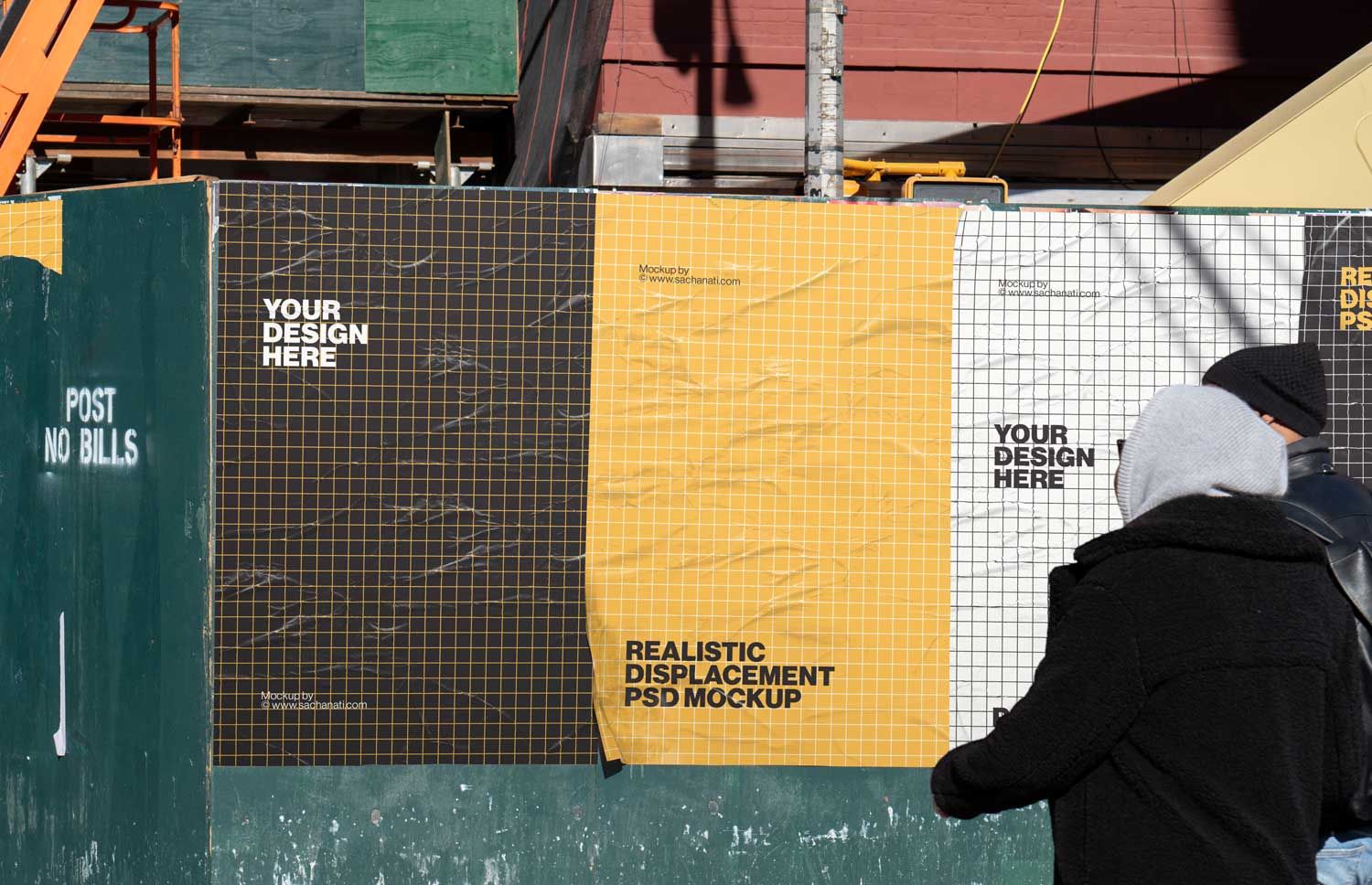 photoshop mockup of 4 urban city posters glued on a construction wall in nyc