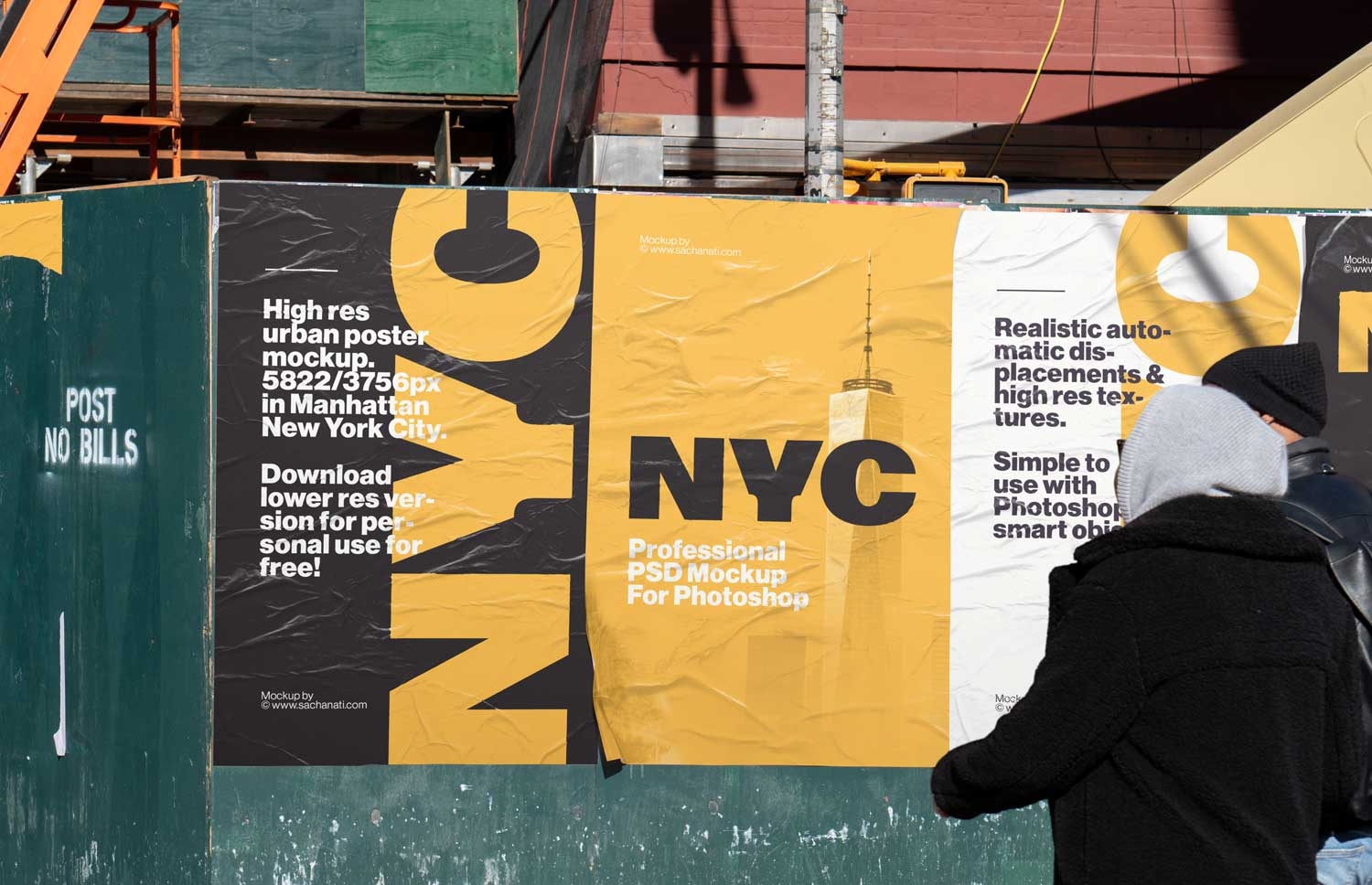 4 Urban City Posters glued to wall in New York Photoshop Mockup