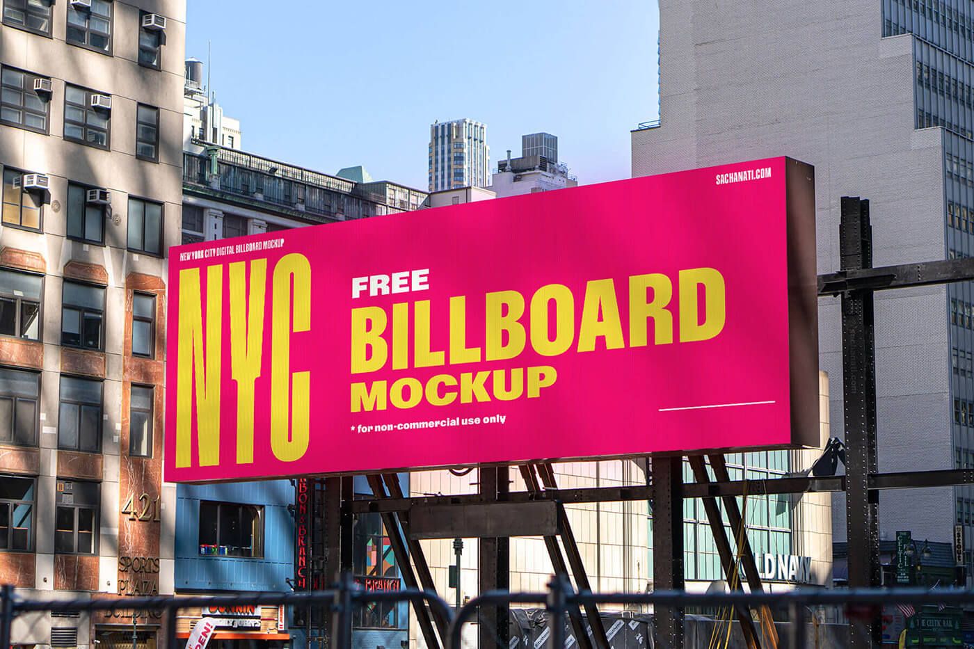 mockup of a wide billboard advertisement in urban city environment with skyscrapers in background