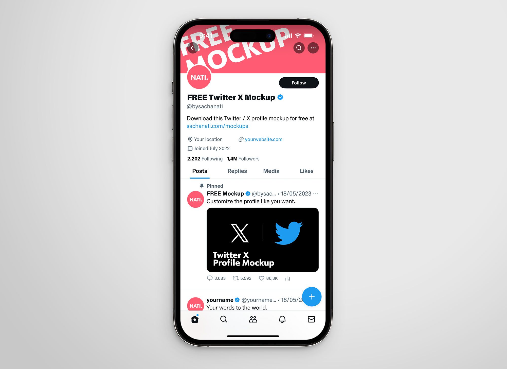 free twitter X profile page mockup displayed on an iPhone 15 pro template